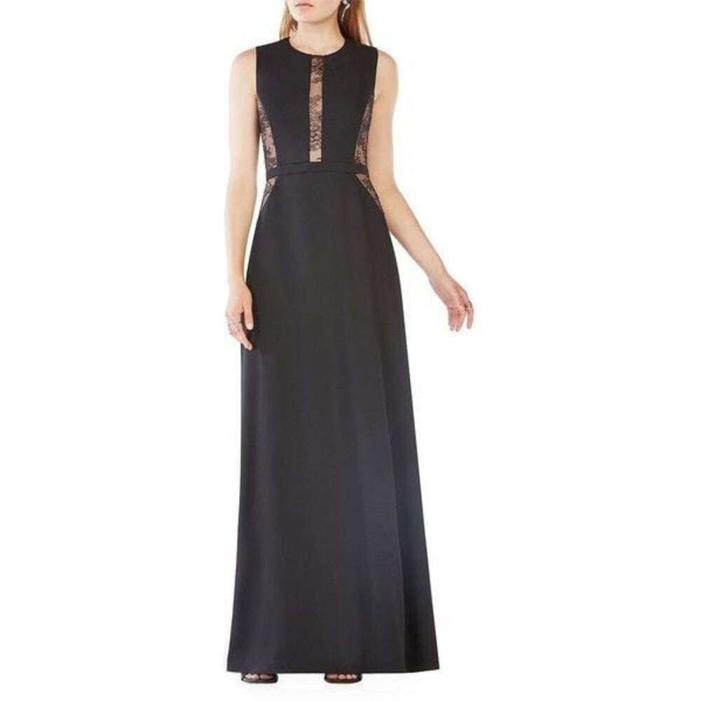 BCBG Paris Black Sleeveless Long Evening Gown Dress with Lace Panels Size 10